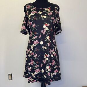 Black Floral Cold-Shoulder Dress with Pink Red & Cream Blooms XL